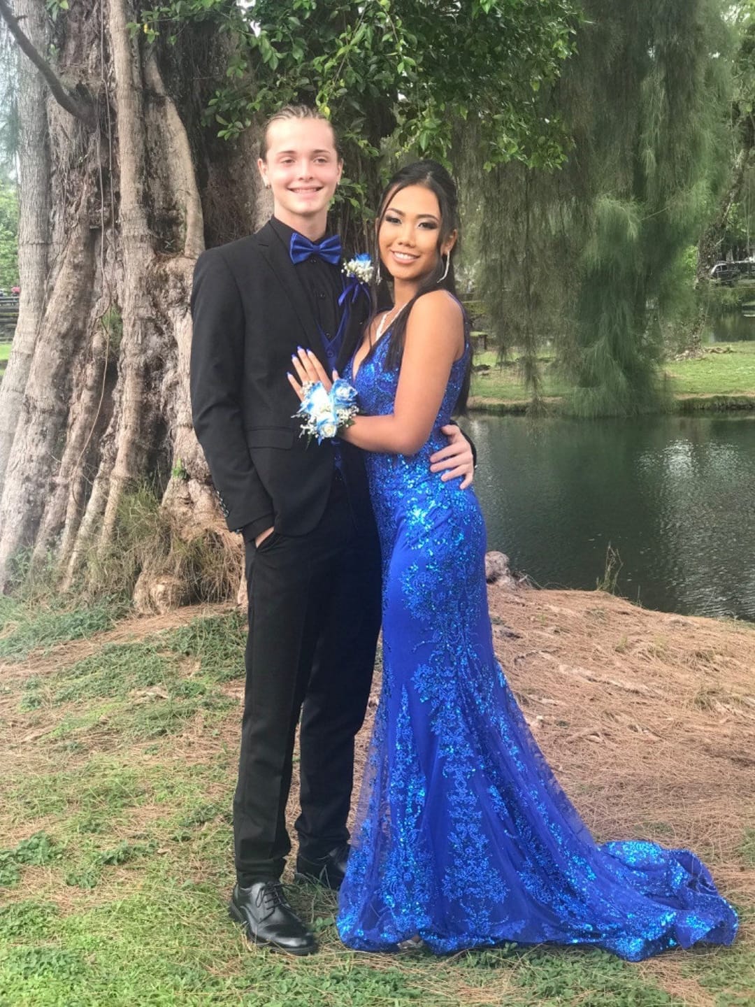 Customer photo review of Cinderella Divine J810 Long Fitted Mermaid Gown Metallic Embroidered Lace