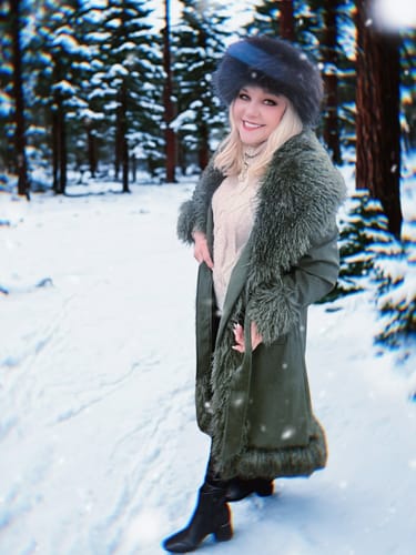 Customer photo review of GILDA-OLIVE FAUX FUR TRENCH JACKET