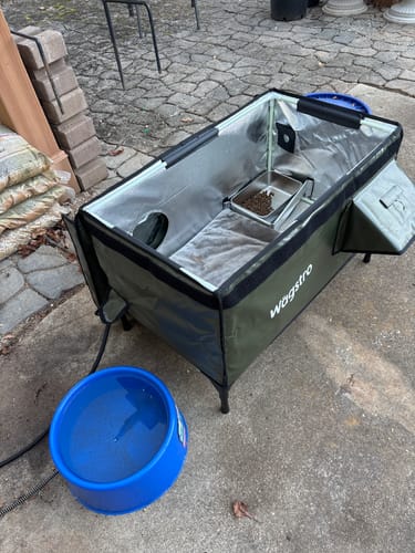 Customer photo review of Flagship Outdoor Heated Cat House — Olive Green