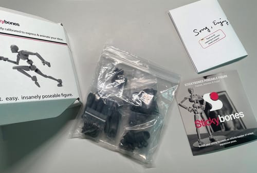 Customer's disassembled Dark Storm Stickybones figure in a bag, shown with its box and booklets.