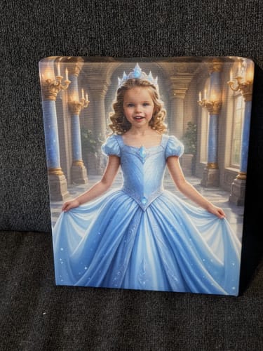 Customer's personalized 'The Cinderella’s Grand Ballroom' canvas portrait of a young girl in a blue gown.