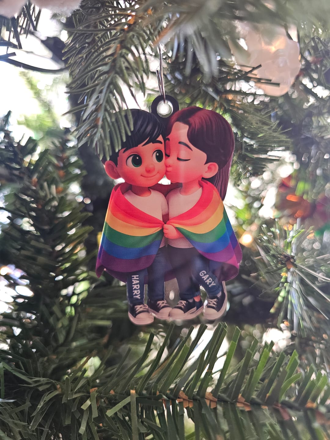 Customer photo review of Pride Month LGBT Couple Love Is Love Personalized Acrylic Christmas Ornament