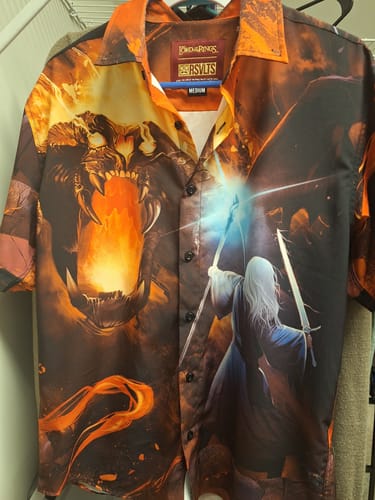 Customer's 'You Shall Not Pass' shirt showing the detailed, colorful print of Gandalf facing the Balrog.