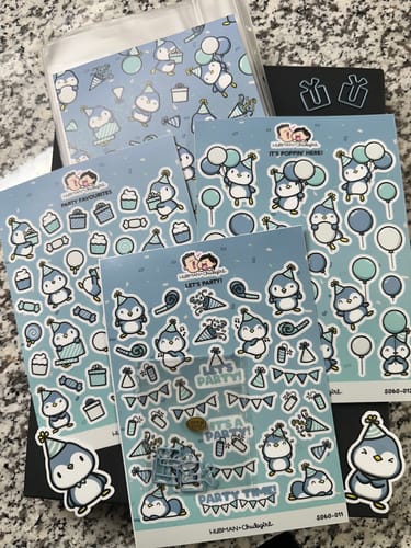 Reviewer's Sticker Subscription items, including four sheets and two die-cut stickers from the cute Party Penguins collection.