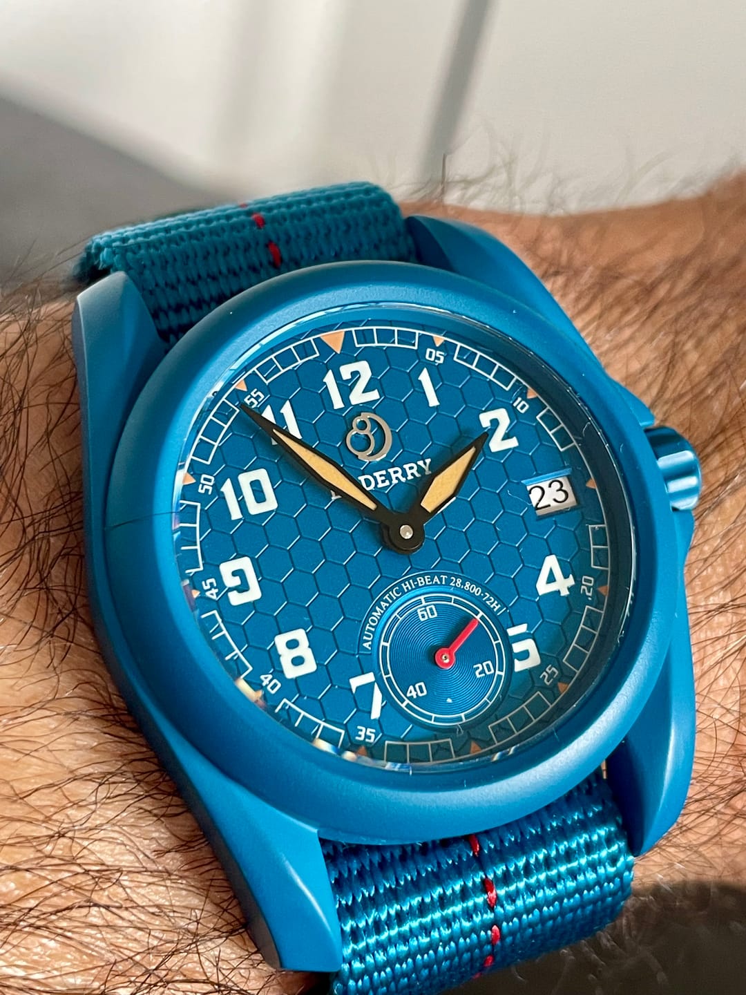 Customer photo review of VOYAGER S72 – 72-Hour Power Reserve Titanium Automatic Field Watch, 100M Water Resistant | Cerulean Blue