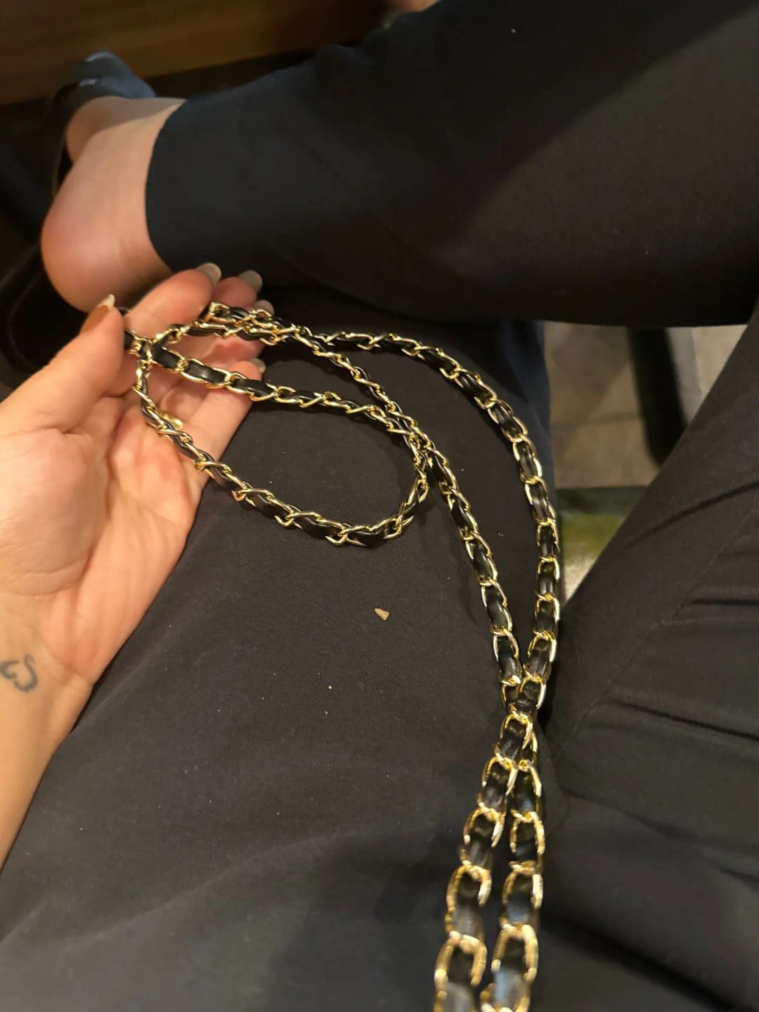Customer photo review of Elegant leather-look cross body phone strap with metal and pearl detailing