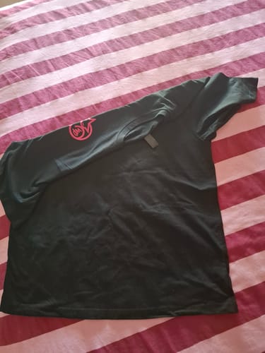 Reviewer's black Wet Pussy WP Shot T-Shirt laid out, showing the small pink logo on the front.