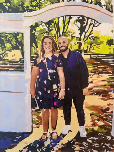 Customer's finished painting from a Custom Paint by Numbers Kit, showing a couple posing outdoors under an arch.