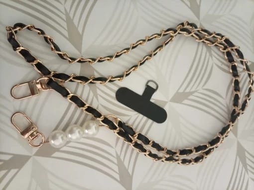 Customer photo review of Elegant leather-look cross body phone strap with metal and pearl detailing