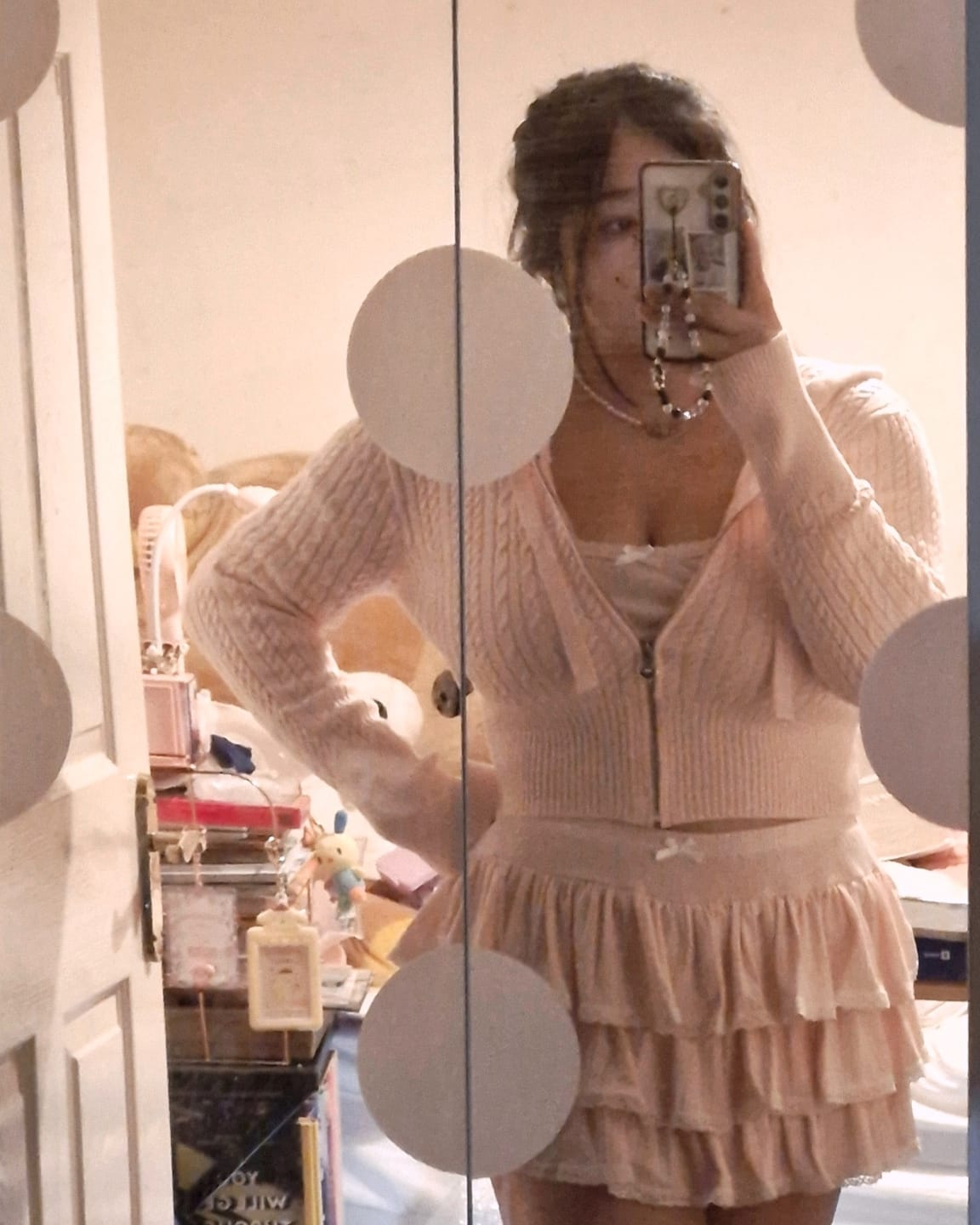 Customer photo review of Strawberry Milk Cable Knit Zip up Cardigan (Pink)