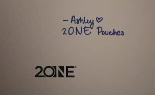Reviewer's image of the personal thank you note for their Mylar Pouches, showing the '2ONE' brand logo.