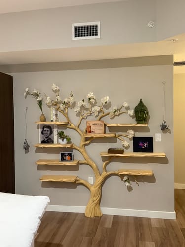 Customer photo review of Rustic Corner Wall Shelves – Natural Live Edge Wood Floating Shelf for Candles and Plants