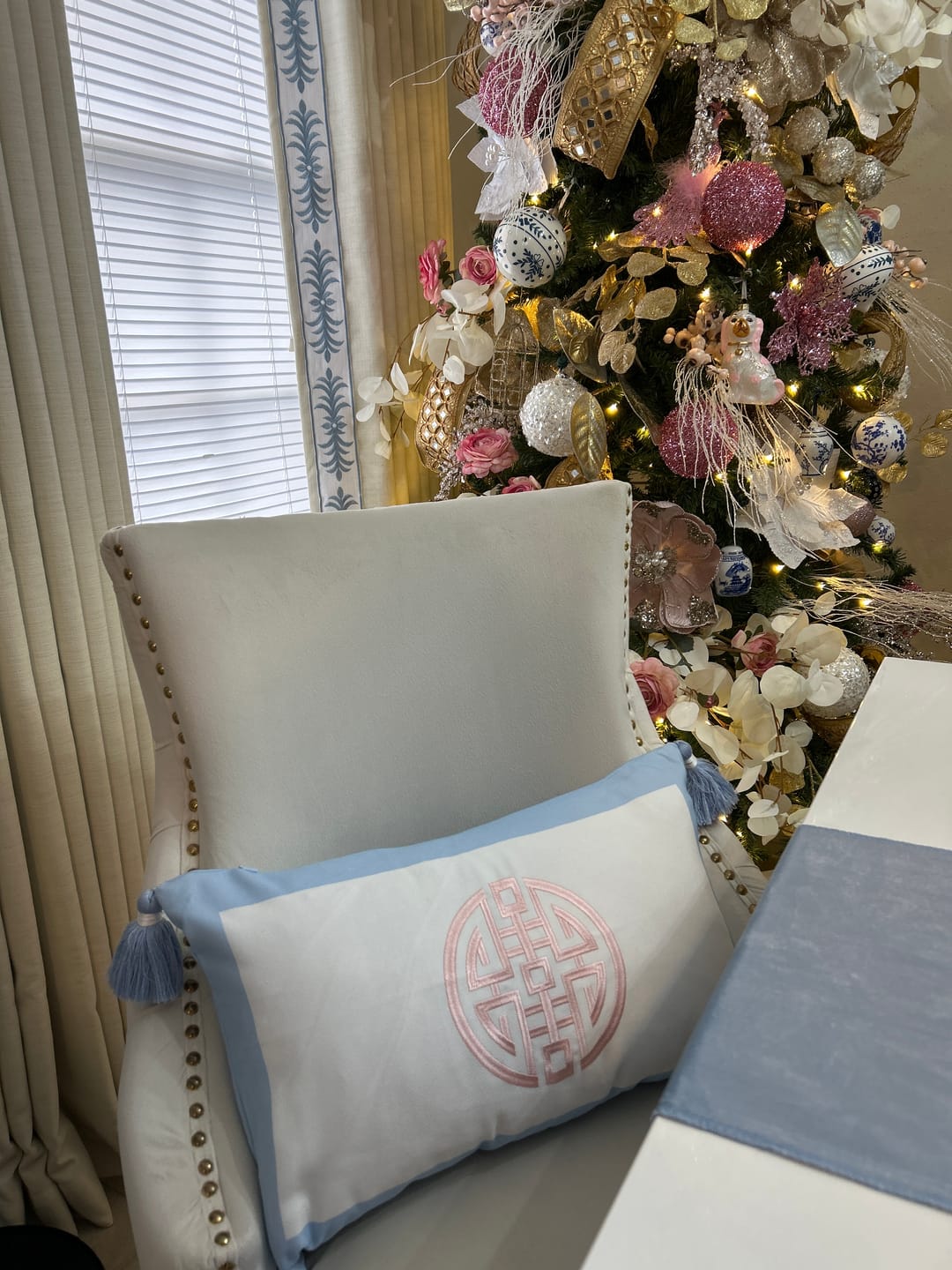 Customer photo review of Ruilin Double Happiness, Indoor/Outdoor Baby Blue Embroidered Lumbar Pillow Cover, with Tassels, 12"x20"