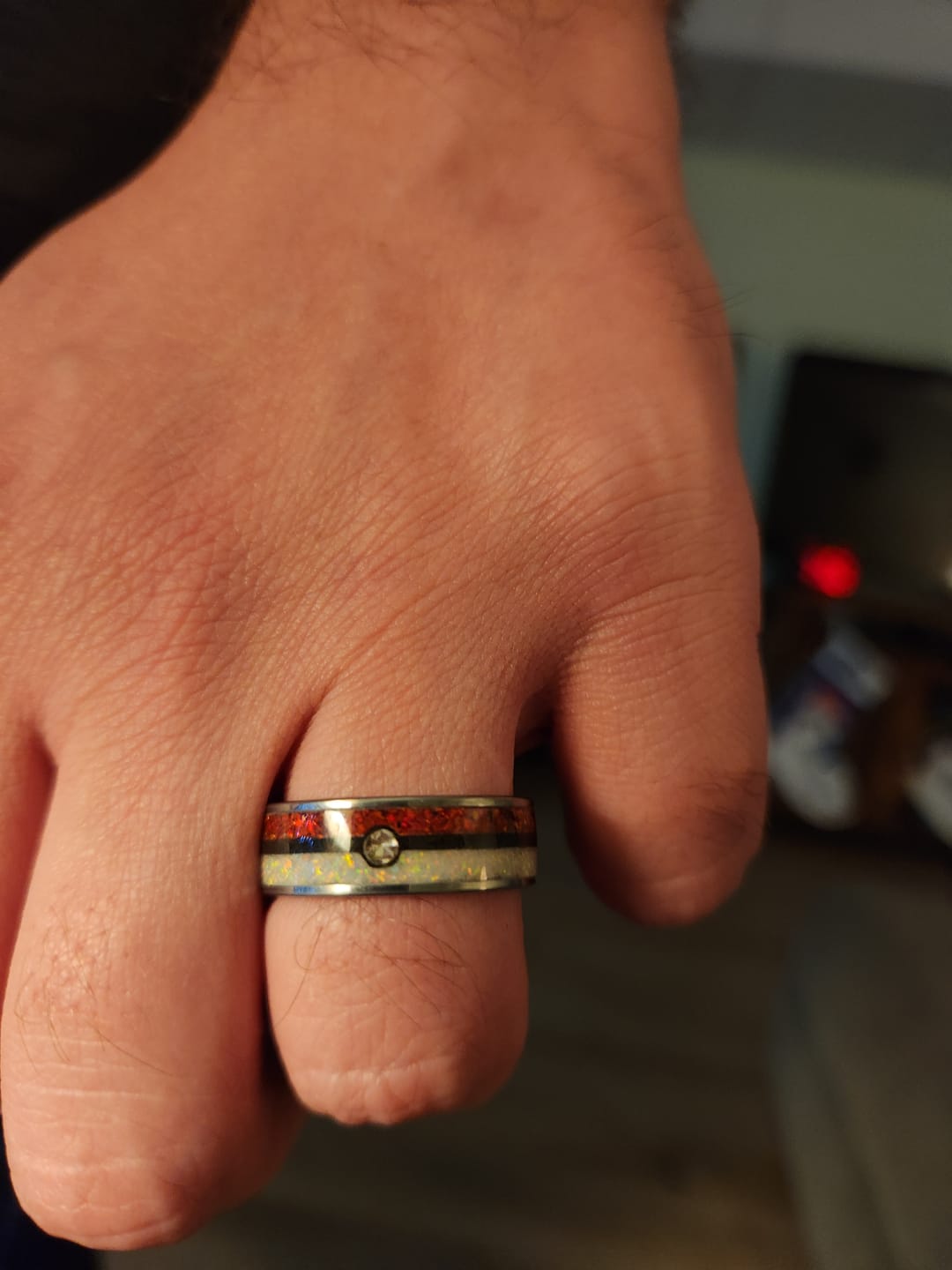 Customer photo review of Ball Silver Tungsten Ring, Unique Ring, Japanese Anime Inspired, Fire Opal Ring, Handmade Jewelry, Wedding Ring, Cubic Zirconia Ring, Decazi