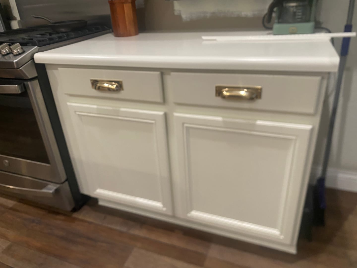 Customer photo review of 4" Rectangle Bin Pulls - Unlacquered Polished Brass