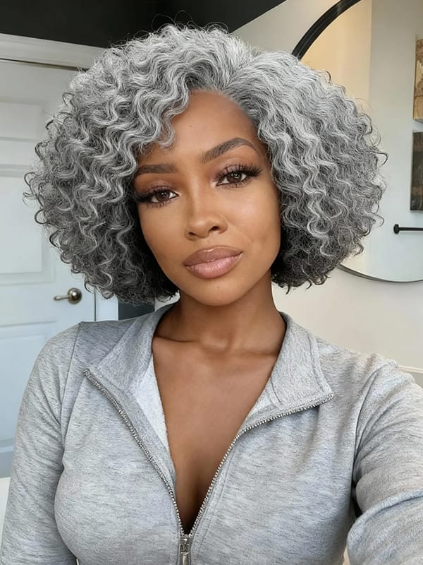Customer photo review of Luvwin 5x5 Jerry Curly Salt And Pepper Glueless Gray Color Pre-Cut Lace Fluffy Bob Wig 100% Real Human Hair