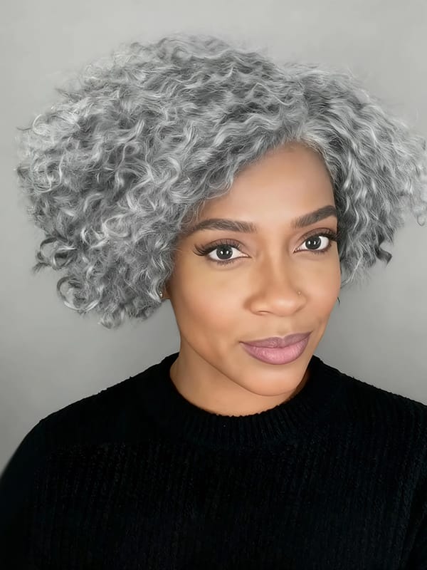 Customer photo review of Luvwin 5x5 Jerry Curly Salt And Pepper Glueless Gray Color Pre-Cut Lace Fluffy Bob Wig 100% Real Human Hair