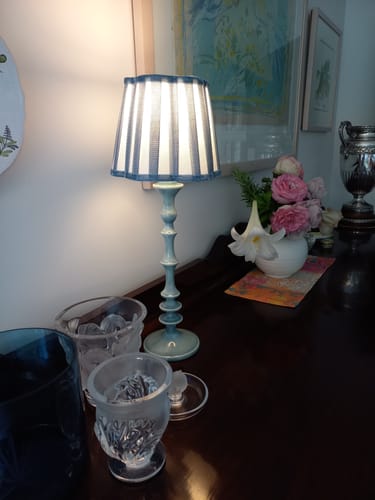 Customer photo review of Blue Hydrangea Scallop Lamp Shade & Gold Base - USB Table Lamp