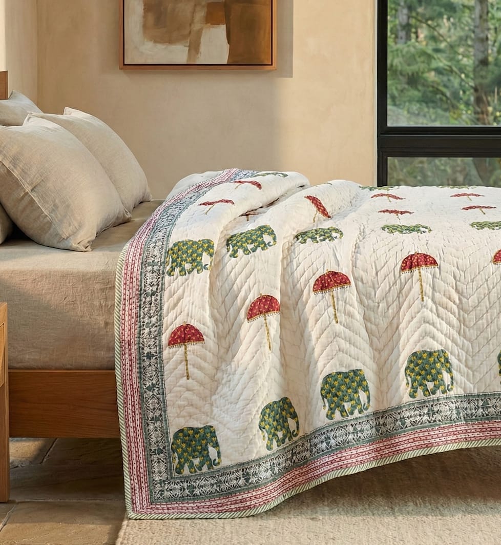 Customer photo review of Elephant Umbrella Hand Block Printed Quilt