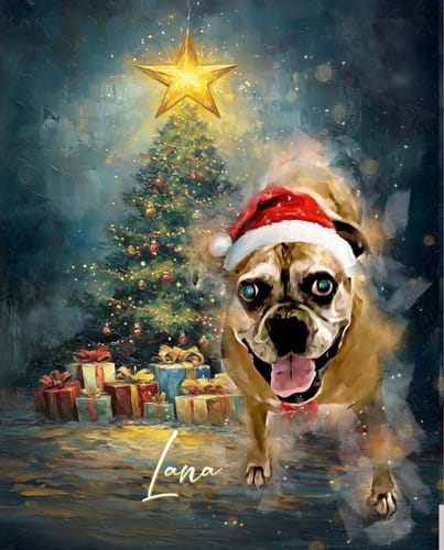 Customer's festive Custom Pet Portrait of their dog Lana in a Santa hat, with a watercolor Christmas tree background.