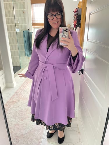 Customer photo review of The Lili Coat in Lilac - Vixen by Micheline Pitt