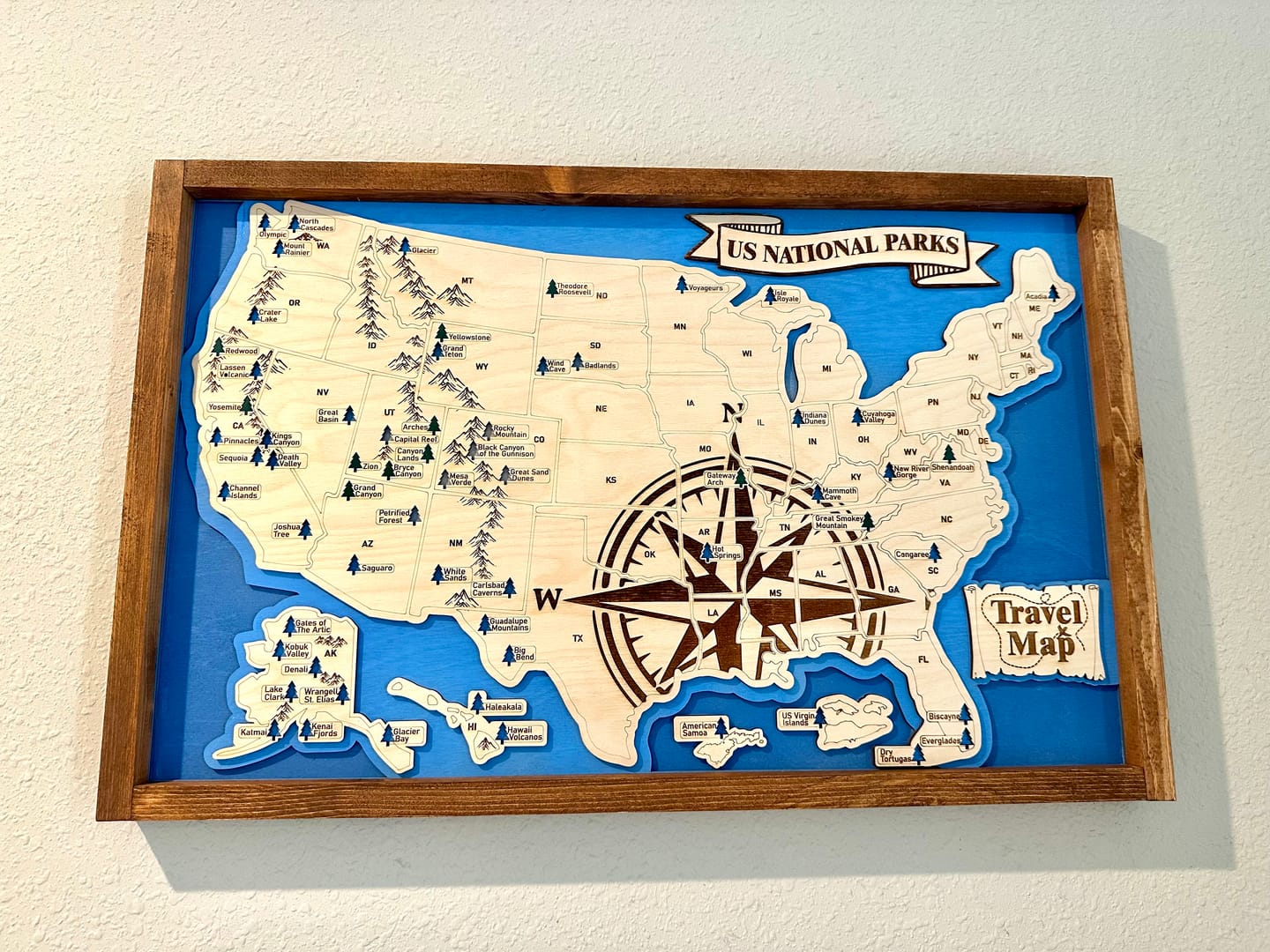 Customer photo review of US National Parks Map Sign w/ Tree Markers | Laser Engraved & Framed Wall Art