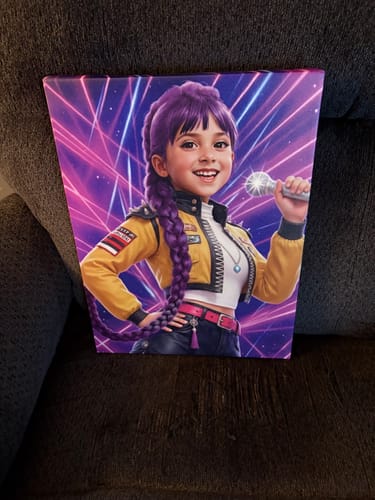 Reviewer's personalized 'K-Pop Queen The Magic Beat' canvas showing a girl as a pop star with a microphone.