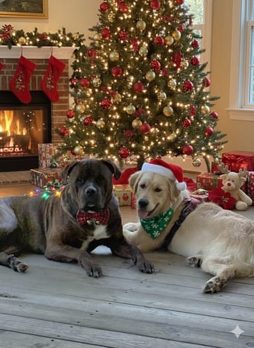 Customer's brindle pitweiler and golden retriever posing festively in front of a Christmas tree.