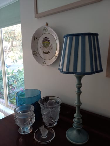 Customer photo review of Blue Hydrangea Scallop Lamp Shade & Gold Base - USB Table Lamp