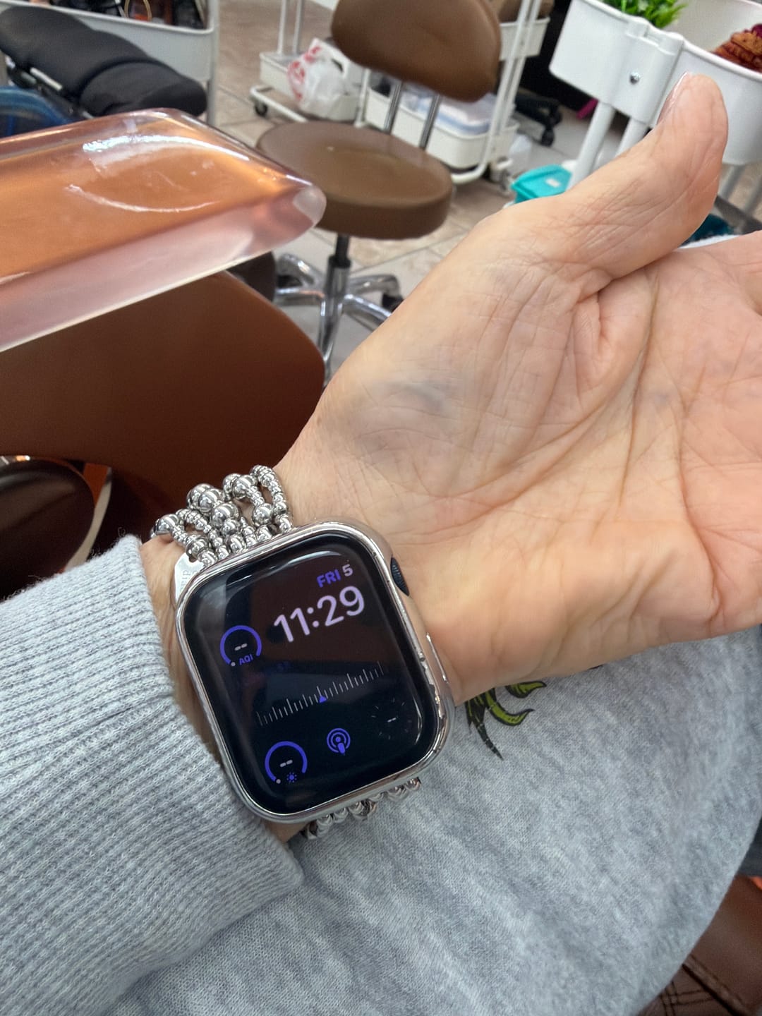 Customer photo review of Platinum Demure Stretch Apple Watch Strap