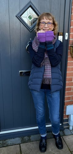 Customer photo review of Purple Navy and Blue Striped Fingerless Gloves