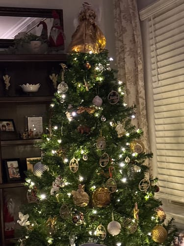 Customer's lit Christmas tree decorated with a collection of personalized wooden ornaments.