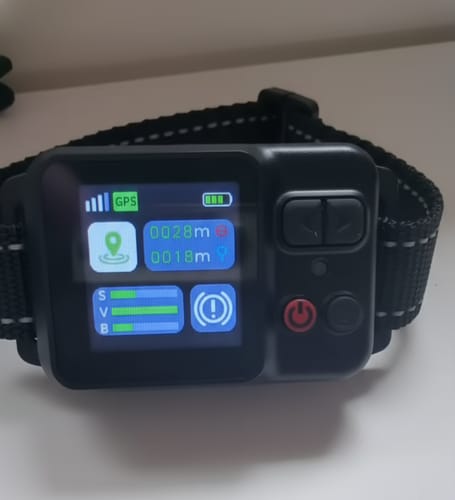 Photo d'un client montrant la configuration simple du collier anti-fugue GPS sur son écran allumé.