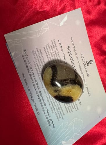 Customer's polished Septarian crystal with dark and yellow bands, shown on an info card.