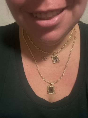 Customer photo review of 20mm Maile Heirloom Initial Plate Necklace