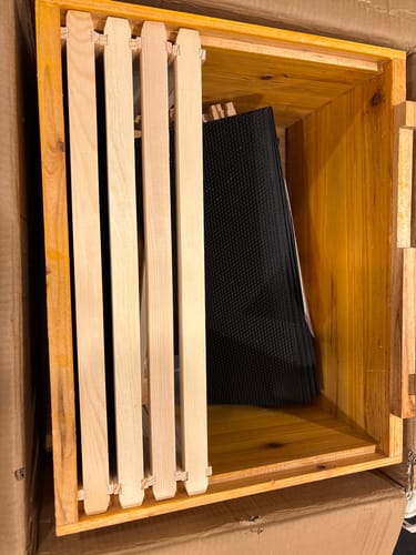 Customer photo review of MayBee Hives Cedar Wood 10 Frame 3 Layer Wax Coated Langstroth Beehive Includes 2 Deep Hive Bee Boxes and 1 Honey Super box with Pine Wooden Frames and Beeswax Plastic Foundation (NO LOGO)