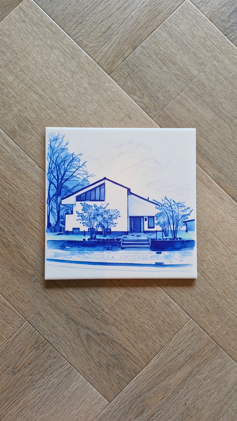 Customer photo review of Delfts Blauw tegeltje bedrukken met eigen huis