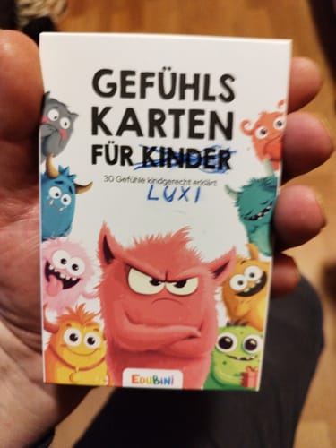 Rezensent hält die Schachtel der Gefühlskarten, auf der die Worte „für Kinder“ von Hand durchgestrichen sind.
