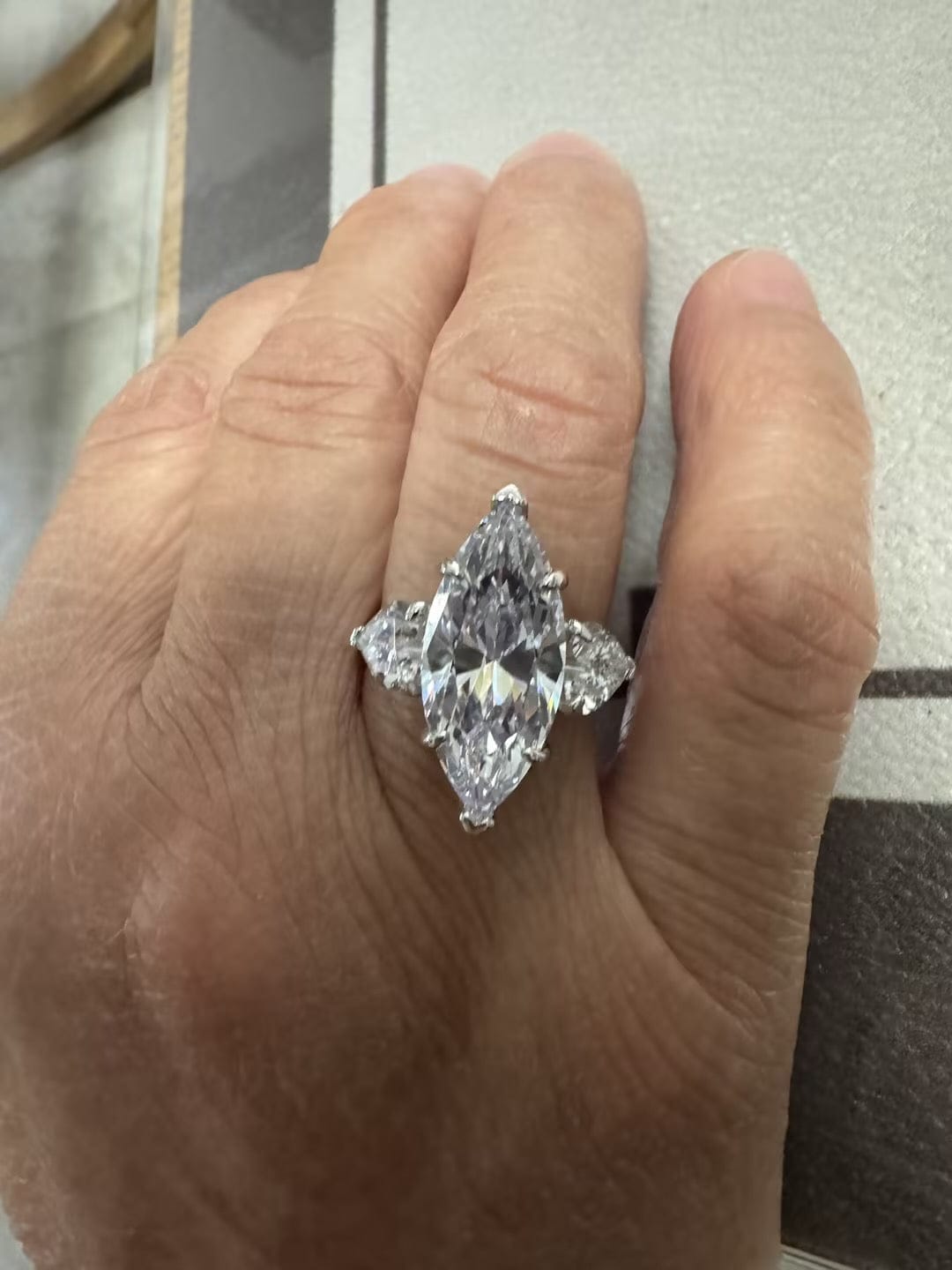 Customer photo review of Louily Marquise Cut Three Stone Engagement Ring In Sterling Silver