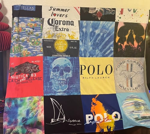 Customer's memory t-shirt quilt made from various personal shirts, including Polo, Ford, and Greece themed designs.