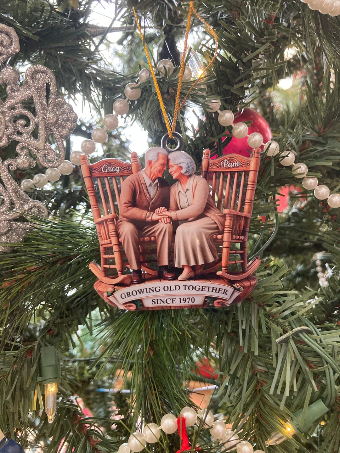 Customer photo review of Old Couple Sitting On Rocking Chairs Together Personalized Christmas Acrylic Ornament
