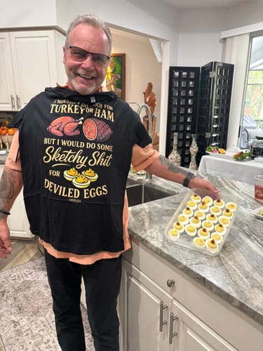 Customer photo review of Sketchy for Deviled Eggs Tee