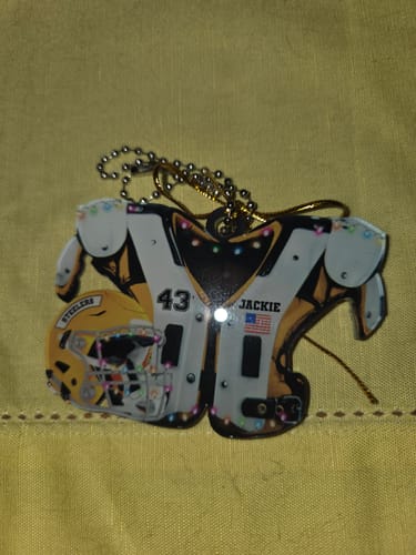 Customer photo review of Personalized American Football Shoulder Pads and Helmet Ornament With Name & Number Color Design Ultimate Collection For Sport Lovers