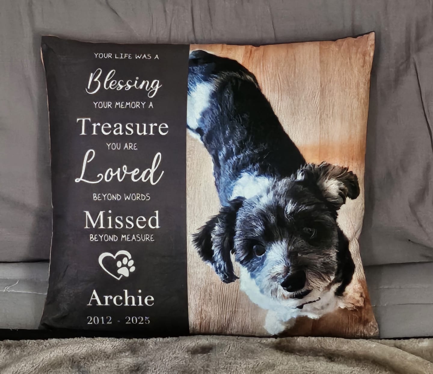 Customer photo review of Pet Memorial Pillow with Dog Portrait Personalized Sympathy Gift for Loss of Pet