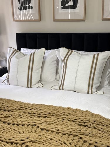 Customer photo review of Linen Piped Embroidery Mustard Lounge Cushion 55 x 55cm