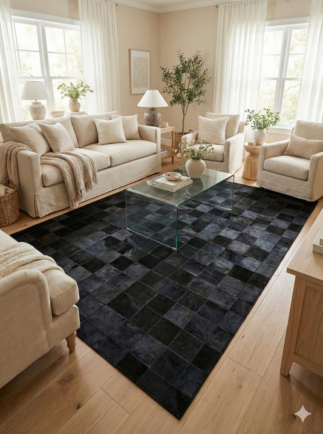 Customer photo review of Luxury Natural Cowhide Patchwork rug for Living Room Decor, Black Area Rug