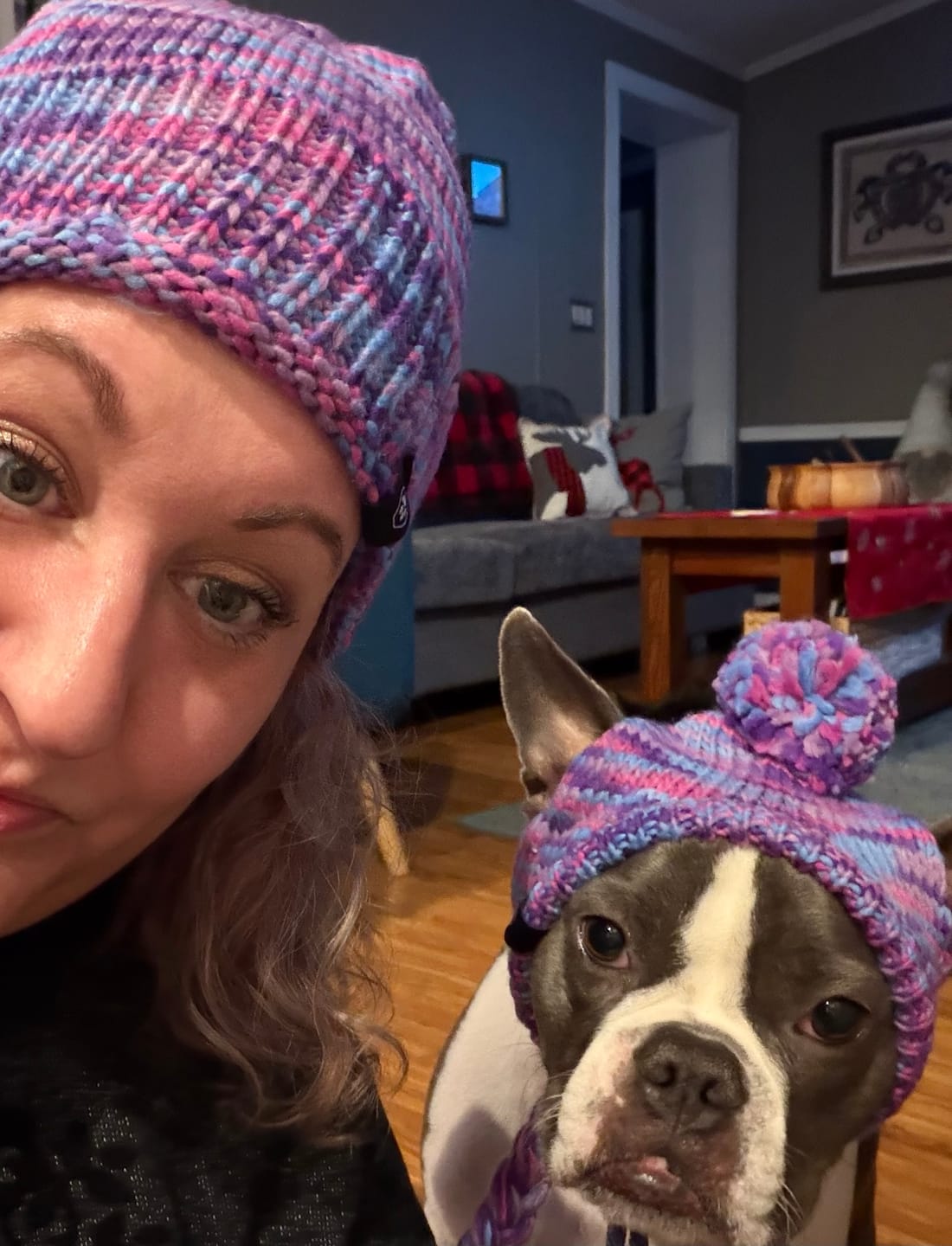 Customer photo review of Knit Pom Pom Dog Beanie Hat - Purple & Lavender