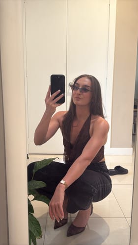 Customer photo review of Jade Heel Chocolate Mesh & Lizard-Embossed Leather