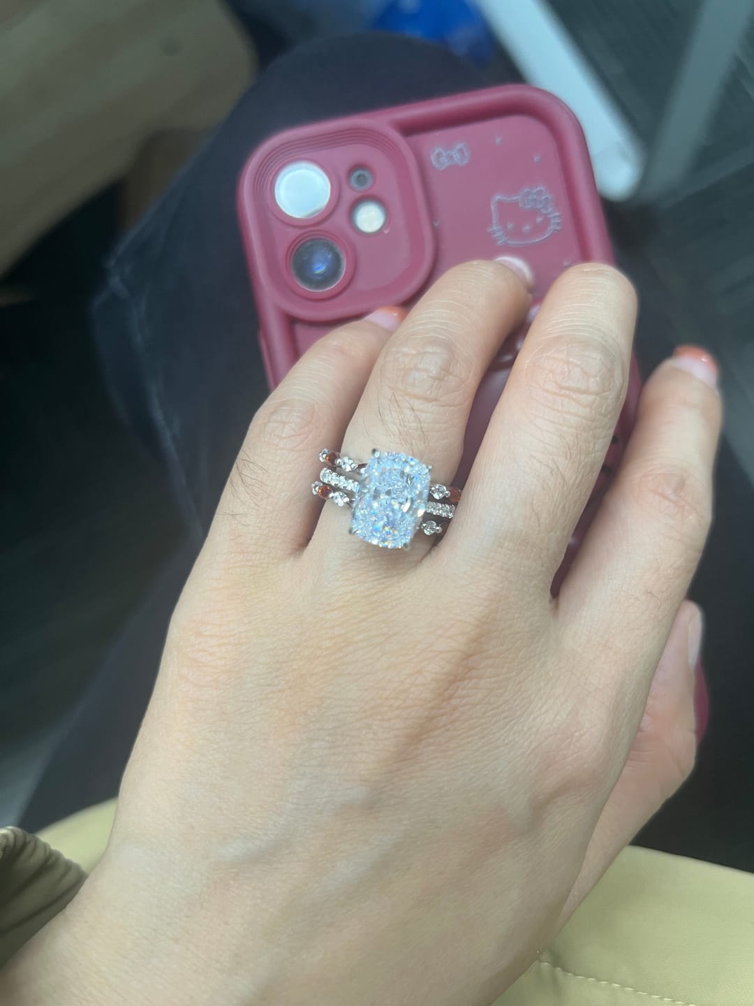 Customer photo review of S925 6.5Ct Cushion Cut Insert Wedding Ring Set With Unique White & Blue/Red Stone Engagement Ring Enhancer
