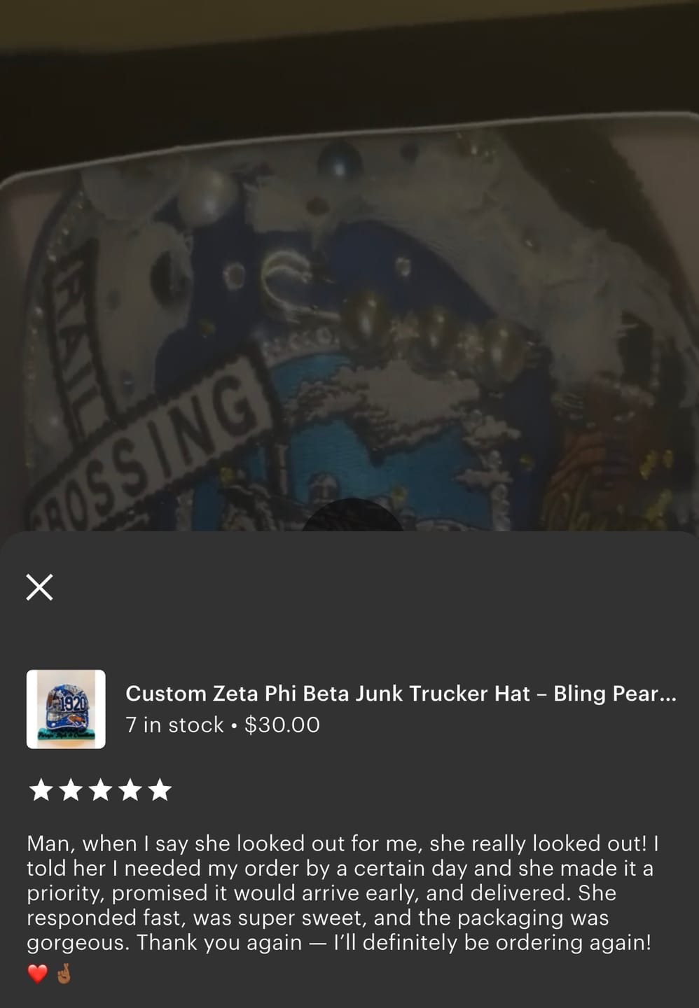 Customer photo review of Design Your Custom Zeta Sorority Trucker Junk Hat | Rhinestones, Patches & Pearls | Greek Life Fashion Cap